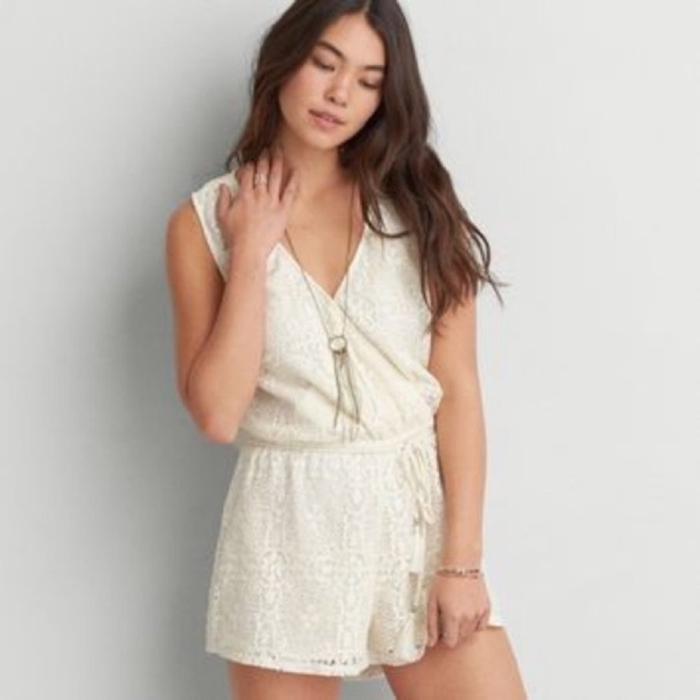 American Eagle Boho Lace Surplice Romper Ivory